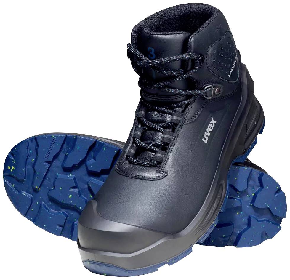 Black, ankle-high safety shoe with blue profiled sole. Lace-up fastening and 'uvex' brand lettering on the side.