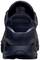 'Rear view of a black sneaker with a thick sole and mesh upper material.'