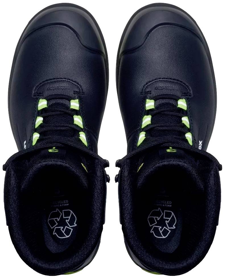 A pair of black shoes with light green eyelet lace holes and a recycling symbol inside the shoes, viewed from above.