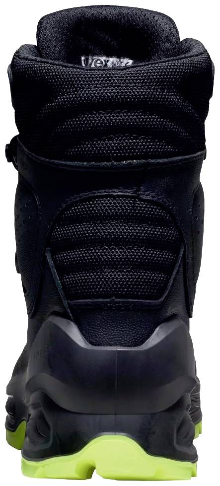 Black hiking boot made of durable fabric, rear view. Grips on the sole in bright neon yellow for improved traction.
