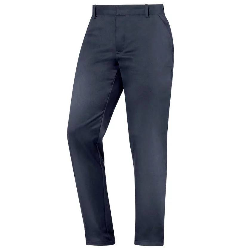 A navy blue pair of trousers, elegantly cut, suitable for formal occasions.