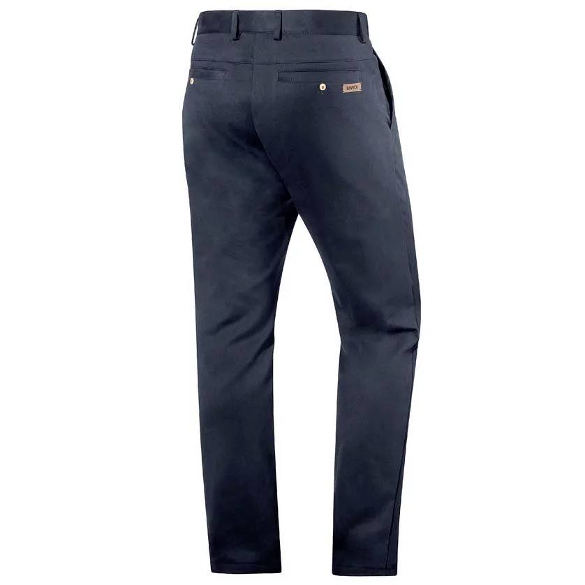 Black men's trousers, rear view. Pockets with buttons, subtle label in the top right corner. Classic cut, suitable for formal occasions.