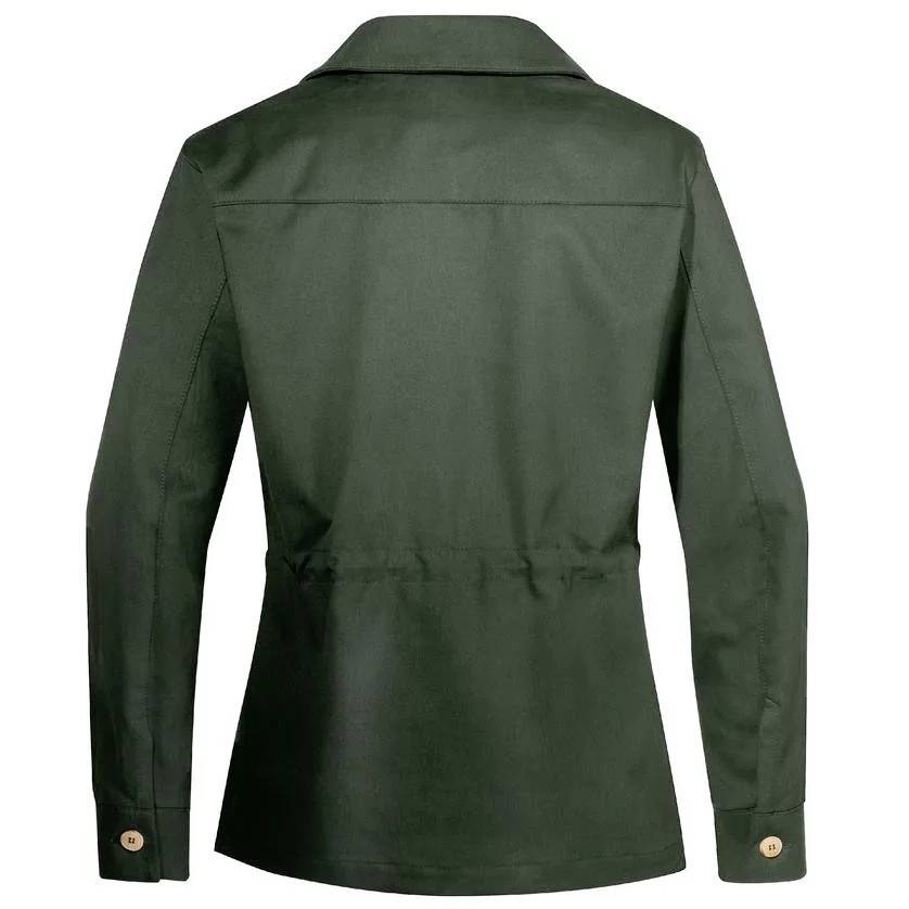 Green jacket with collar and long sleeves, rear view.