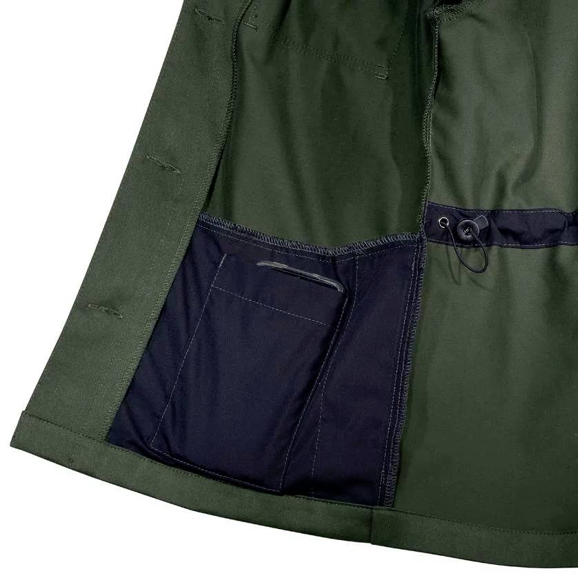 'Inner lining of a dark green gentleman's overcoat with black inner lining and an inside pocket on the left.'