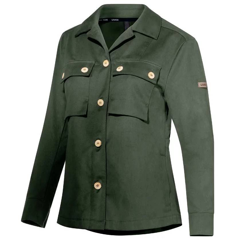 Green jacket with a collar and button placket. Two chest pockets with buttons. Gold buttons and badge on the sleeve.