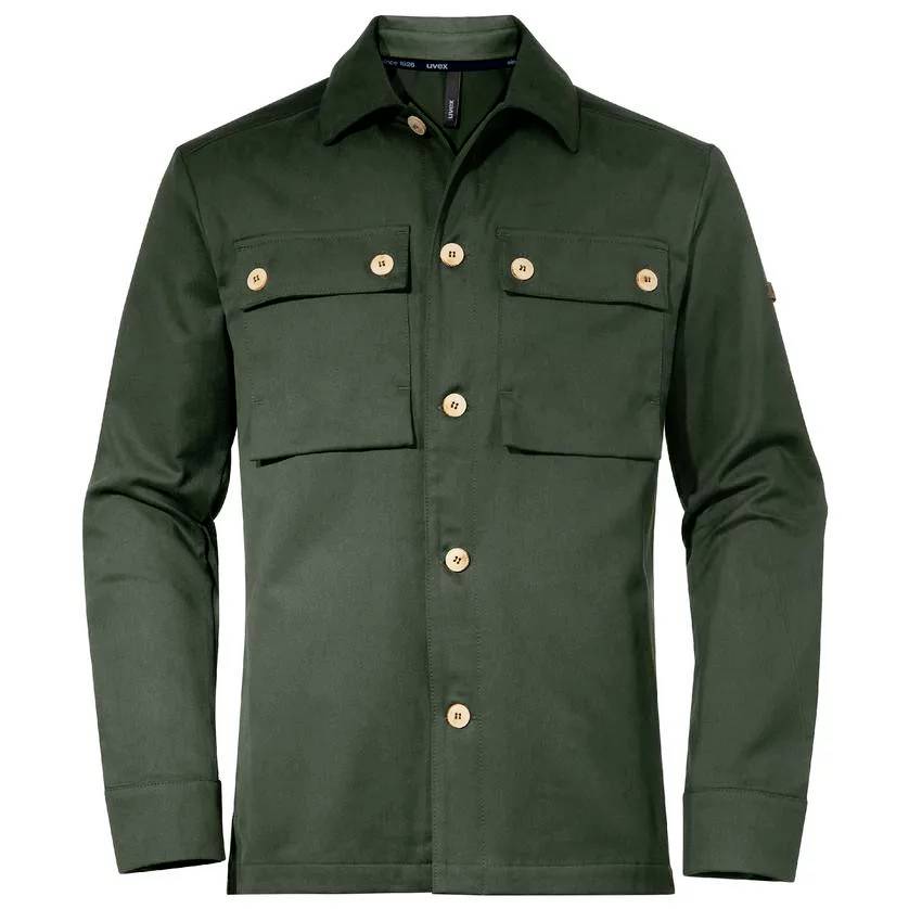 Green jacket with long sleeves, brown buttons and two chest pockets.