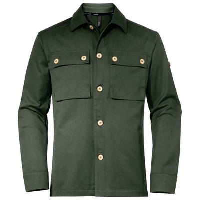 Green jacket with long sleeves, brown buttons and two chest pockets.