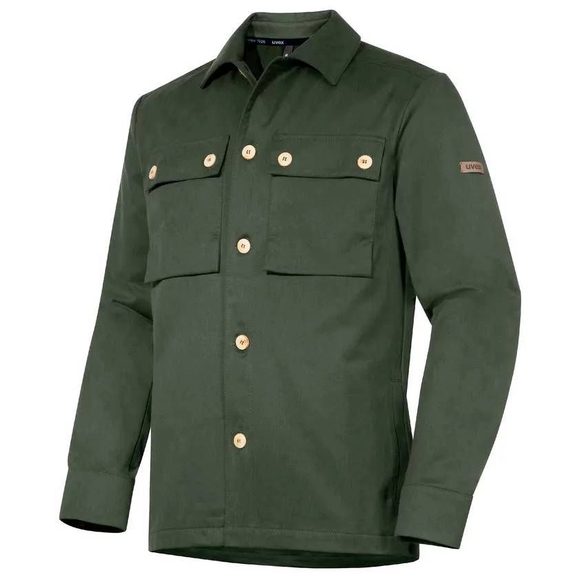 Green jacket with button placket and two chest pockets.