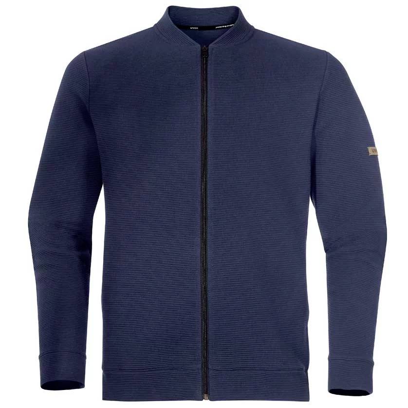 Dark blue ribbed jacket with a full-length zip and a small brown label on the left sleeve.