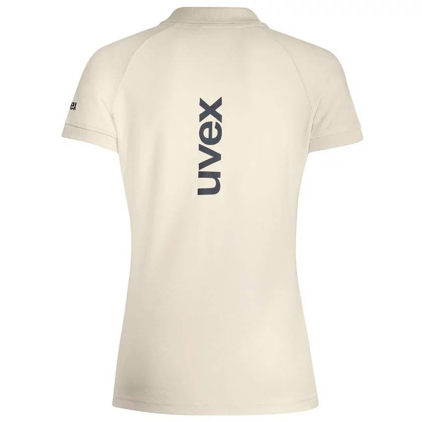 Beige short-sleeved T-shirt, view from the back. Black 'uvex' lettering vertically along the back.