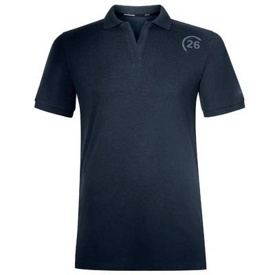 'Dark blue polo shirt with short sleeves, collar and the number 26 on the left chest.'