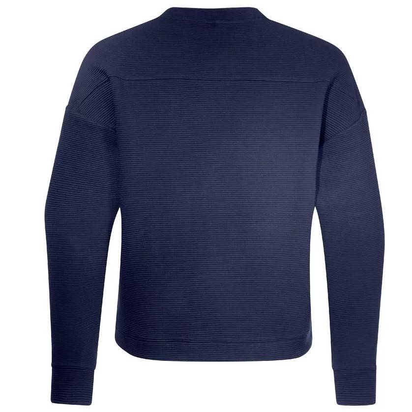 A navy blue long-sleeved shirt made of textured fabric, viewed from the back.
