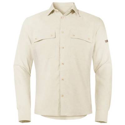 Beige long-sleeved shirt with a button placket and two chest pockets, suitable for formal occasions or casual wear.