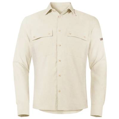 Beige long-sleeved shirt with a collar, chest pockets, and button placket. Suitable for formal or casual occasions.