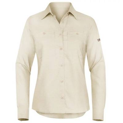 Beige, long-sleeved shirt with a button placket and collar. Suitable for outdoor activities or casual wear.