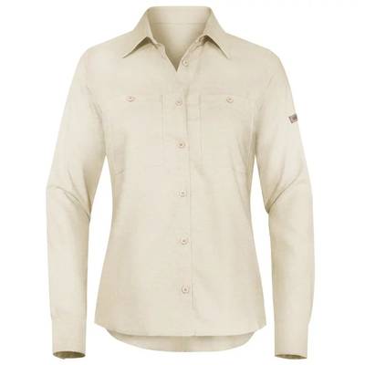 Beige ladies' shirt with long sleeves, collar, and button placket. Elegant design, suitable for formal and informal occasions.