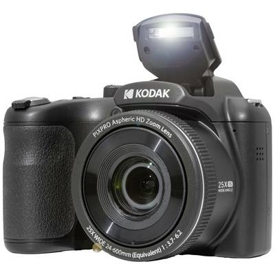 A black Kodak digital camera with extended flash and zoom lens, against a neutral background.