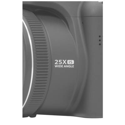 Camera lens with '25X IS Wide Angle' inscription, highlighted close-up of lens details.