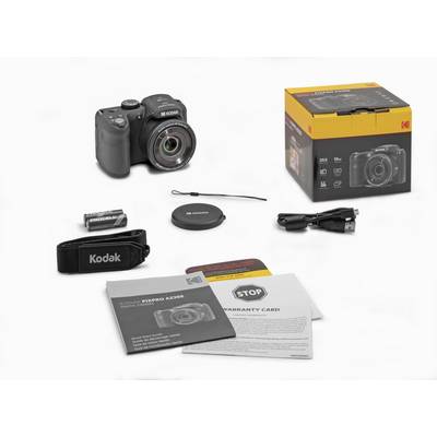 Kodak PIXPRO AZ528 Camera Kit comprising camera, lens cap, batteries, cables, hand strap and user manual.