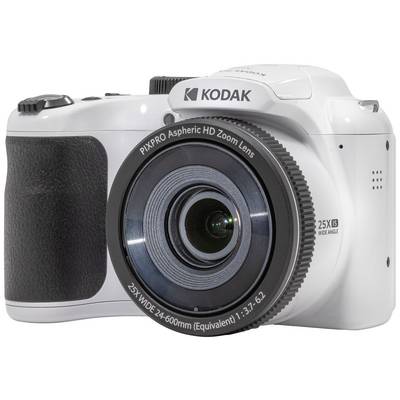 A white digital camera with a zoom lens by Kodak, PIXPRO model.