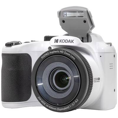 White digital camera with fold-out flash and 25x HD zoom lens.
