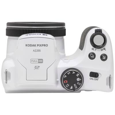 Digital camera top in white with various buttons and controls, including power on/off switch, zoom control, and mode dial.
