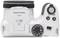 Digital camera top in white with various buttons and controls, including power on/off switch, zoom control, and mode dial.