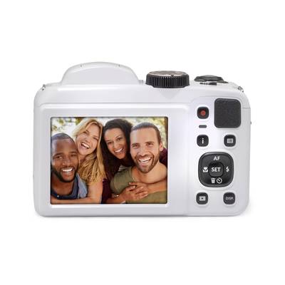 A camera back reveals a display showing a photograph of four smiling people. They appear cheerful and relaxed.