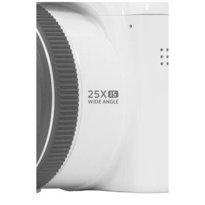 Close-up of a white camera zoom lens with the inscription '25X IS Wide Angle' on the side.