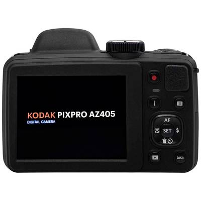 'Kodak PIXPRO AZ405 Digital Camera' displayed on the camera screen. Close-up of the back with control buttons.