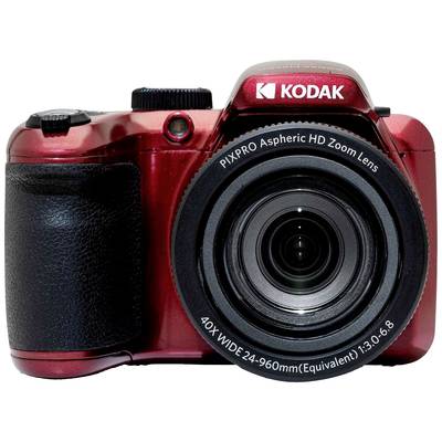 Red digital camera with a Kodak brand zoom lens. Model name visible on the top surface. Main power switch and shutter button visible.