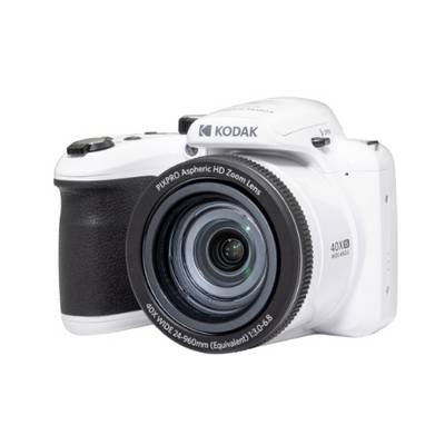 White Kodak camera with 40x zoom lens, pictured from the side. Key feature: powerful telephoto lens.