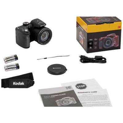 'Kodak PIXPRO AZ401 Camera Kit including camera, packaging, two batteries, shoulder strap, lens cap, USB cable and warranty card.'