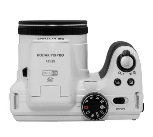 A white Kodak Pixpro AZ425 camera with lens, multiple control buttons, a mode dial and an SD card slot label.