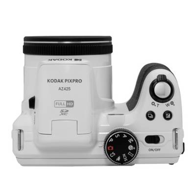 A white Kodak Pixpro AZ425 camera with lens, multiple control buttons, a mode dial and an SD card slot label.