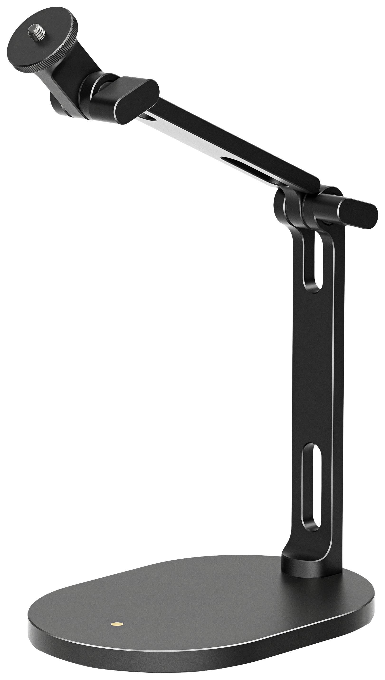 A black stand for a camera or microphone, adjustable with joints and a round base, on a white background.