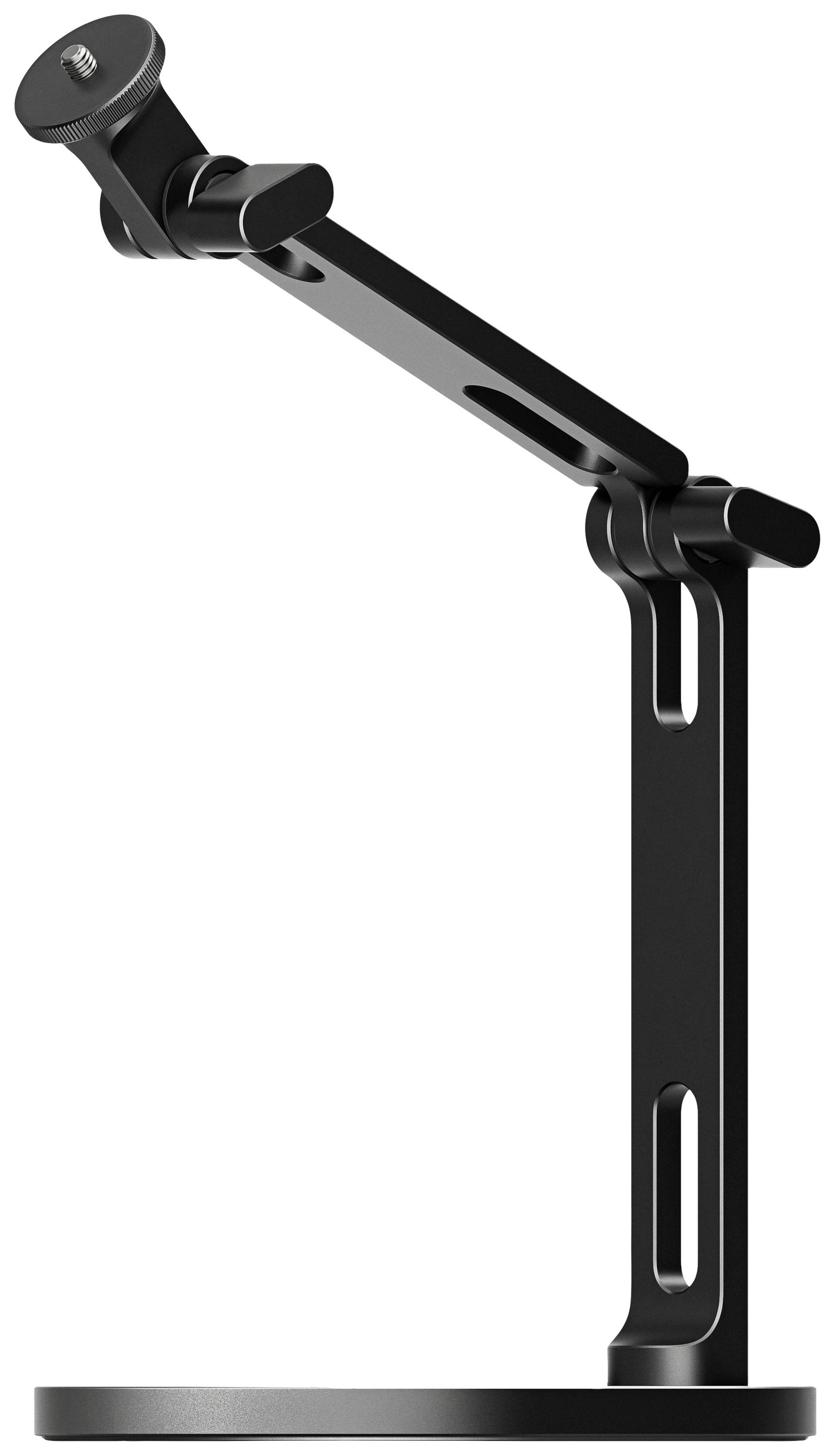 A black, adjustable desk mount for cameras or microphones, consisting of a sturdy base and a pivoting arm.