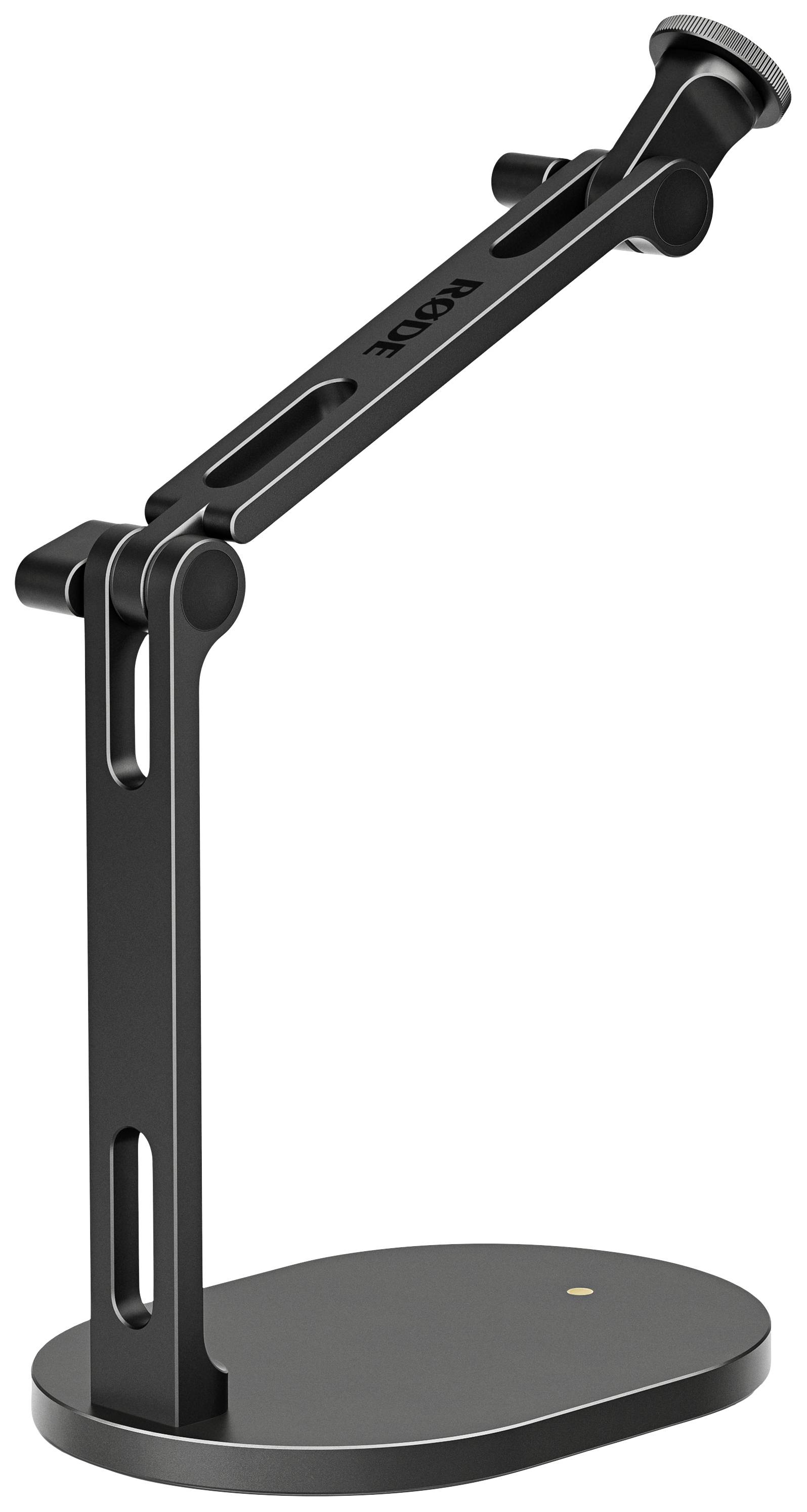 A black microphone stand with an adjustable arm and round base, suitable for desktop use.
