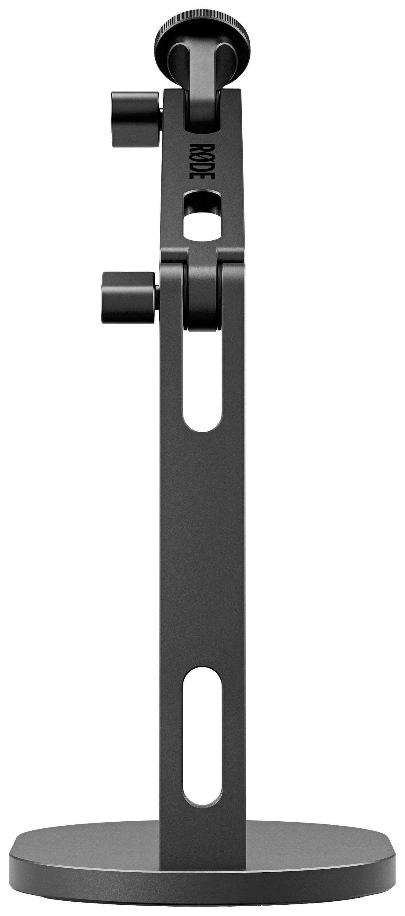 A black metal microphone stand with a vertical slotted design. Suitable for holding a microphone during recording.