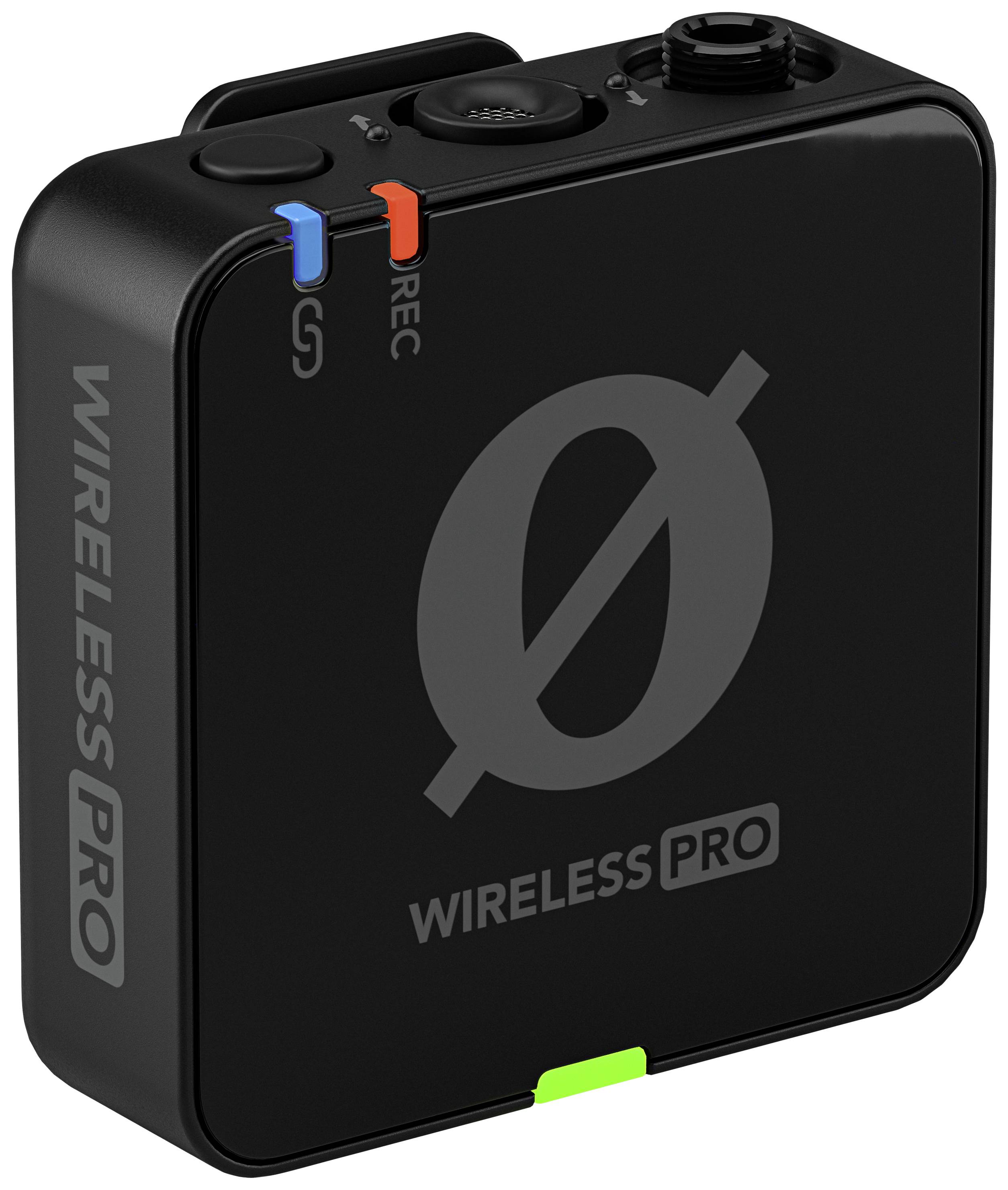 A black, square wireless microphone with 'WIRELESS PRO' logo, blue and red connectors, compact and portable.