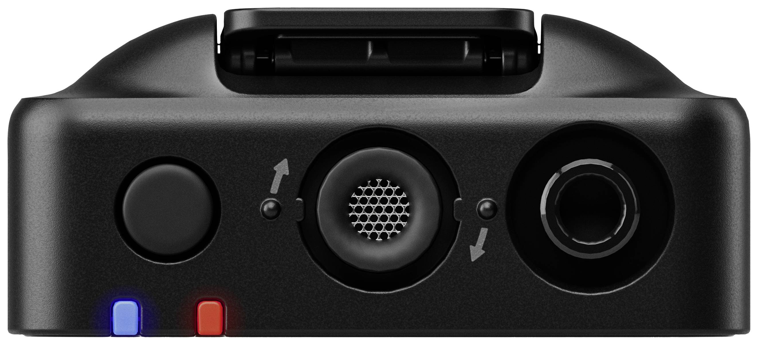 Black electronic device with multiple ports and two LED indicators, including one red and one blue.