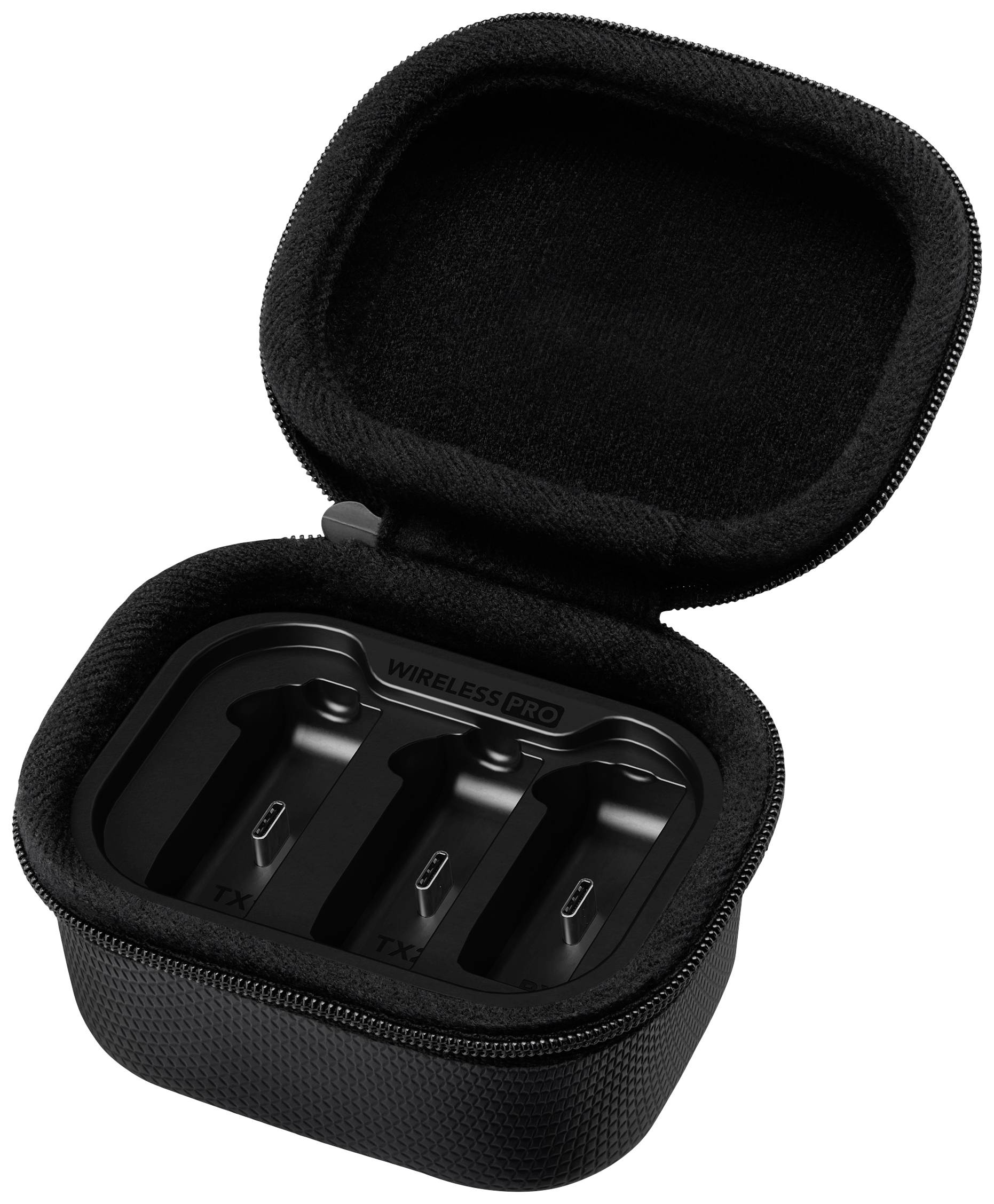 Black case with an open lid, showing three holders for wireless transmission units.