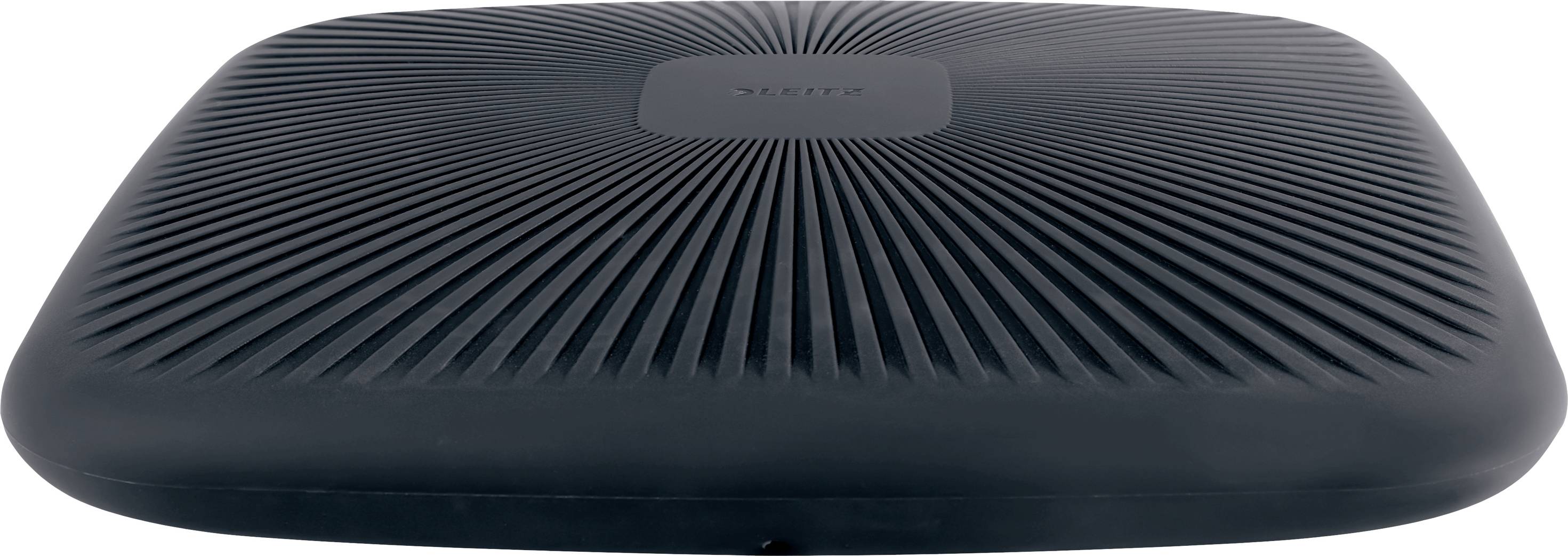 A black, square device with rounded corners and radial lines on the top surface, potentially a technical apparatus.