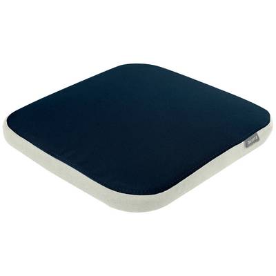 Dark blue, square cushion with white border, suitable for seating.