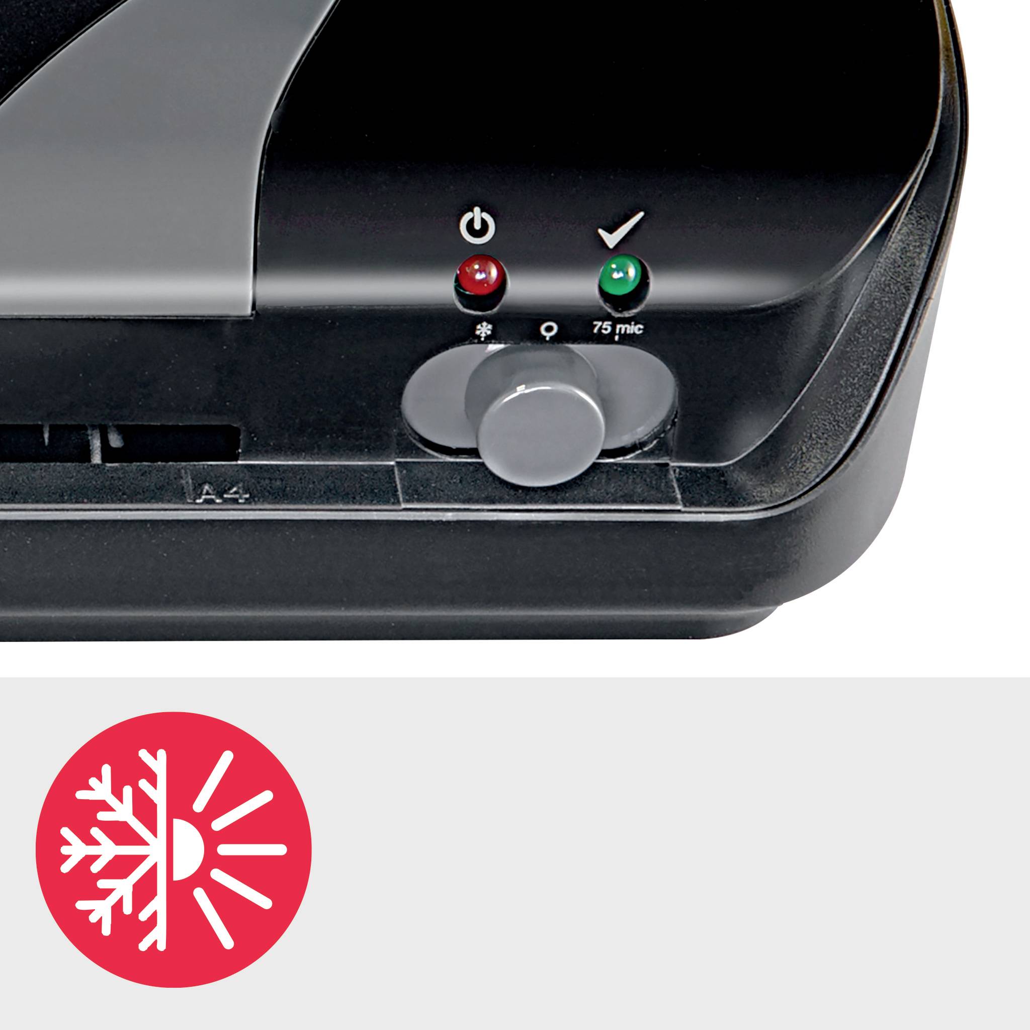 A laminating machine with two indicator lights, one green for operational readiness and one red for heating phase, with a button on top.