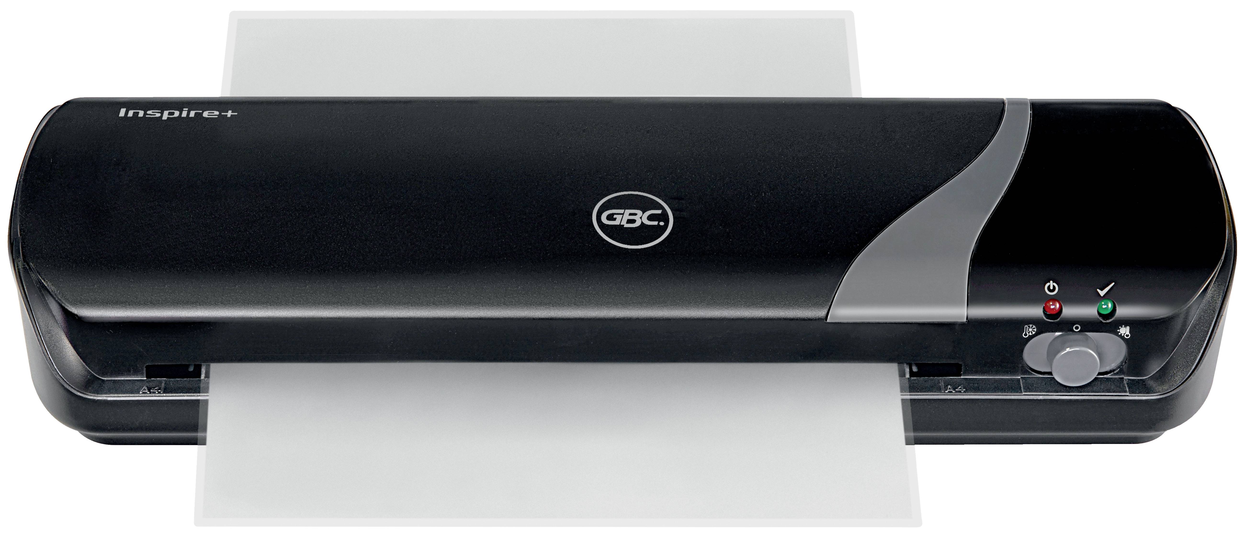 Black laminator at work; a document is being laminated. A sheet of paper is visible at the back left, and it is emerging at the front.