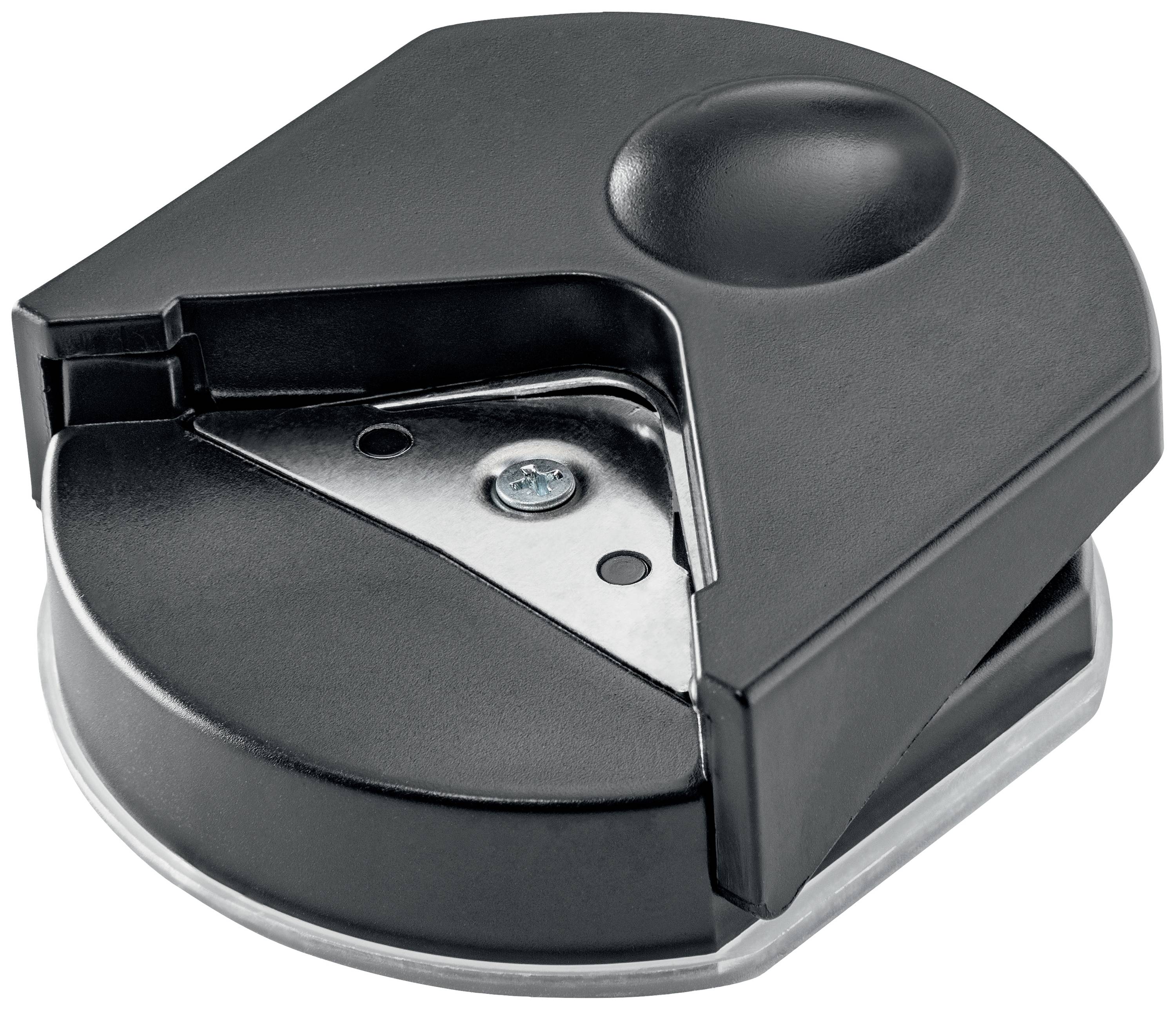 Round black corner cutter with metal blade and round lid. Used for cutting rounded corners on paper.