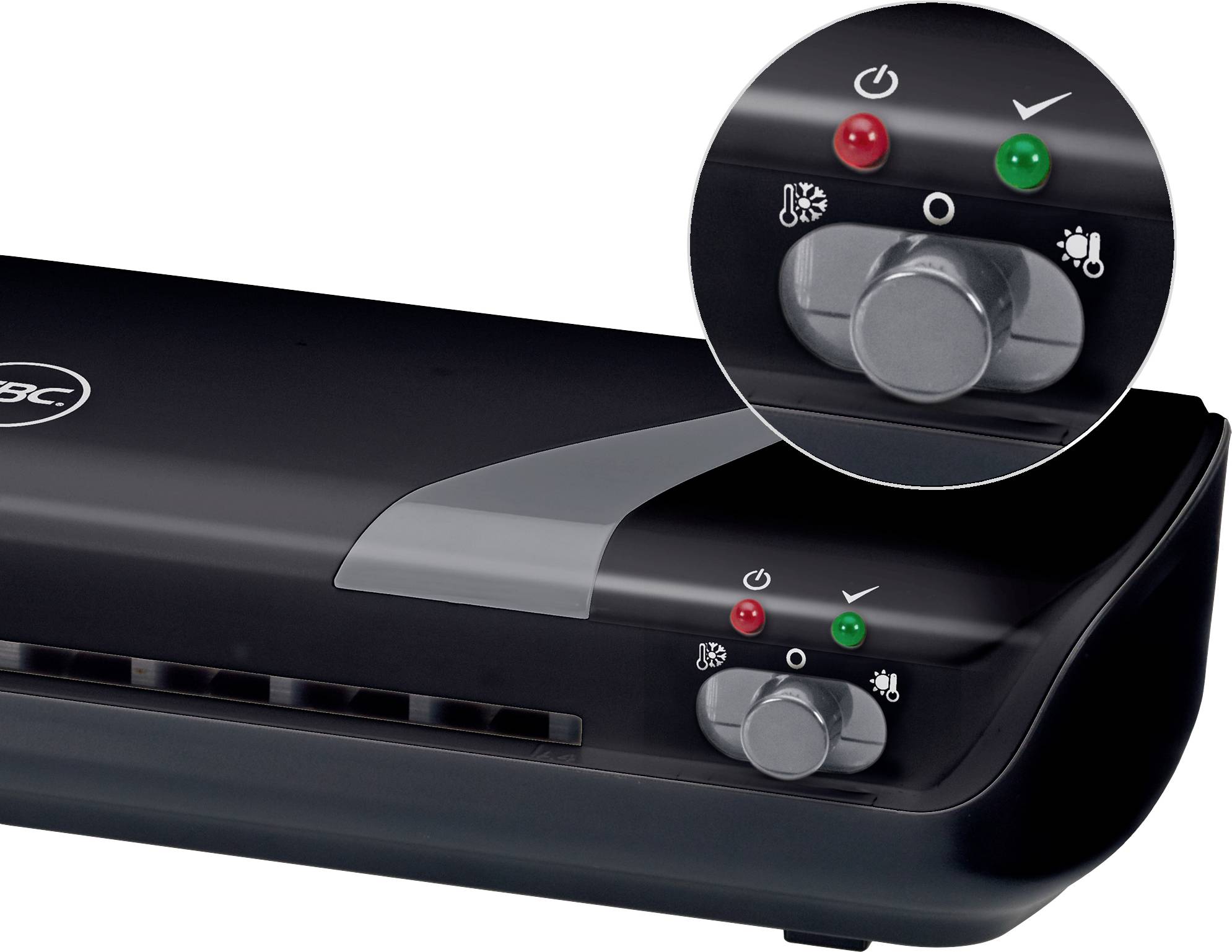 An illustration of a black laminating device with two lights: one red and one green, alongside a rotary knob for temperature adjustment.