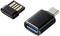 A black USB adapter on the right and a small Bluetooth adapter on the left. Both have metallic connectors.