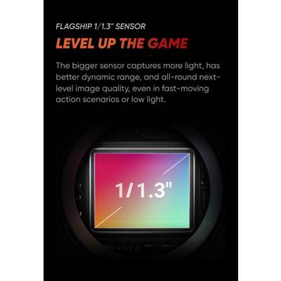 The text highlights the advantages of a 'flagship 1/1.3" sensor', which offers superior image quality in low-light conditions.
